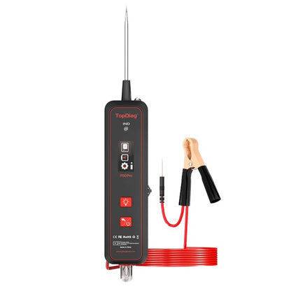 Handheld mini oscilloscope circuit tester with red cable, black probes, and clamp
