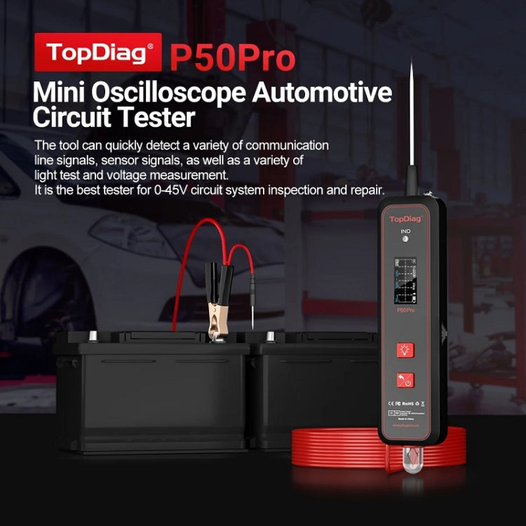 Compact black circuit tester oscilloscope with screen and red/black connector cables