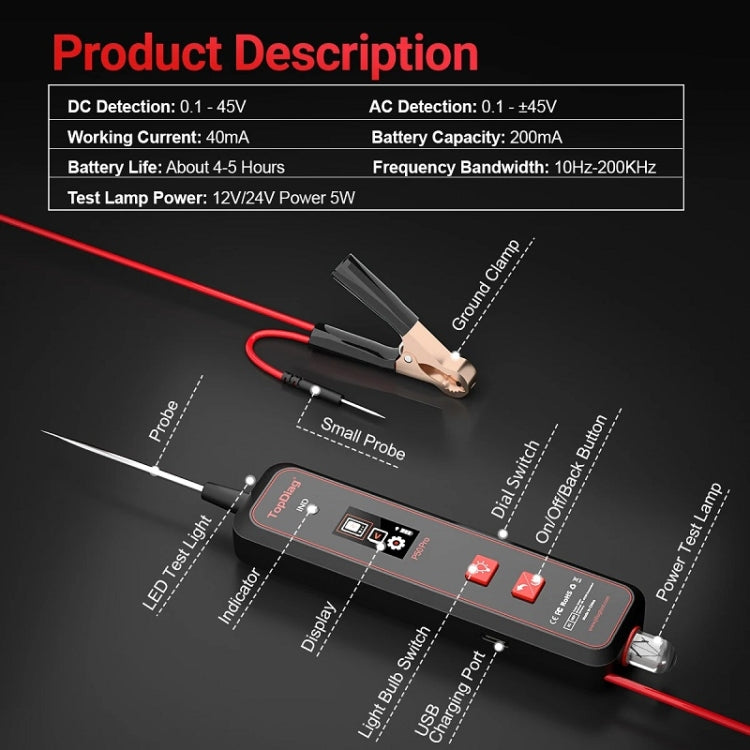 Handheld oscilloscope tester with probe leads and battery clip on top