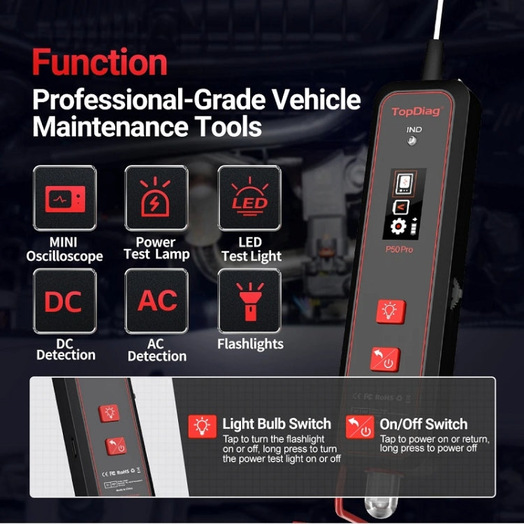 Mini vehicle maintenance oscilloscope tester with LCD screen, red buttons, LED icons