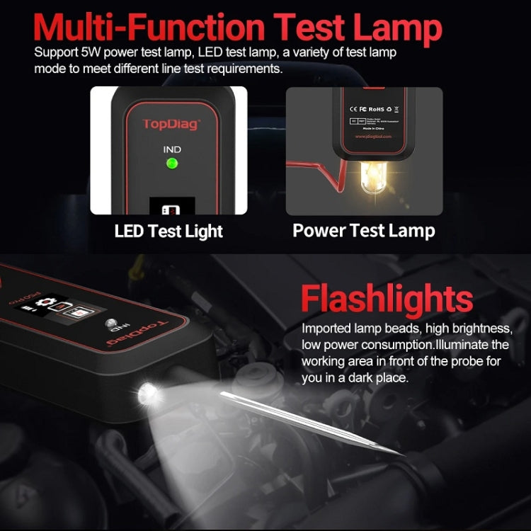 Mini oscilloscope tester with LED test light, power lamp glow, and side flashlight