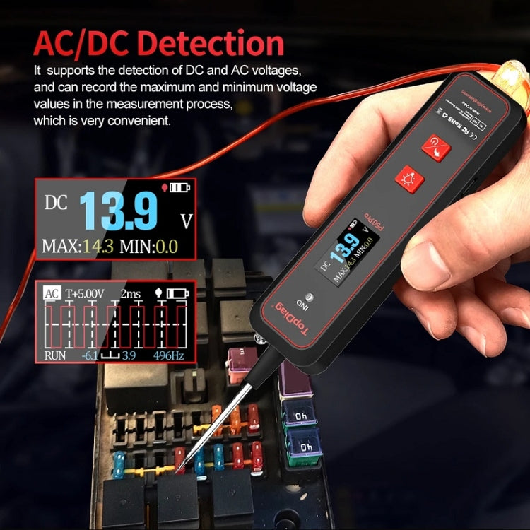Handheld oscilloscope circuit tester showing DC 13.9V reading on screen