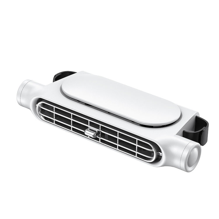Car seat back fan with white turbine-style grille and curved air outlet cover
