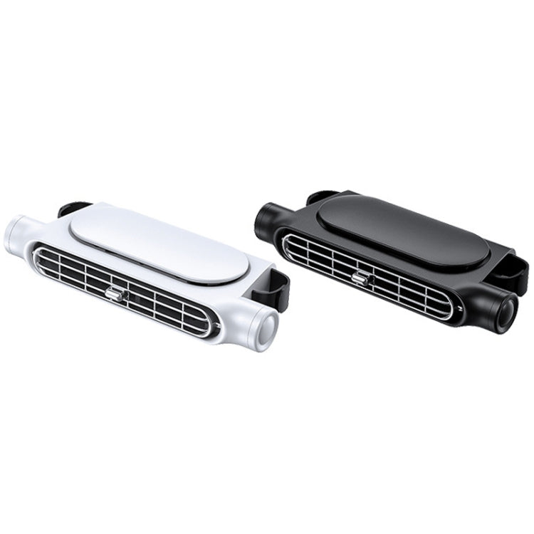 Car seat back fan in white and black with turbine grille and side mounting hooks