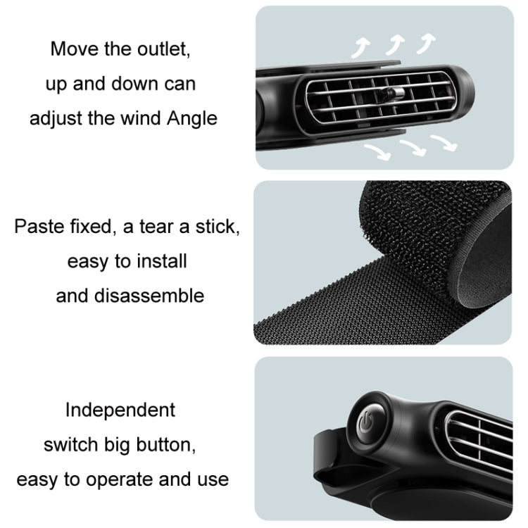 Car seat back fan with adjustable vent outlet and control button on side housing
