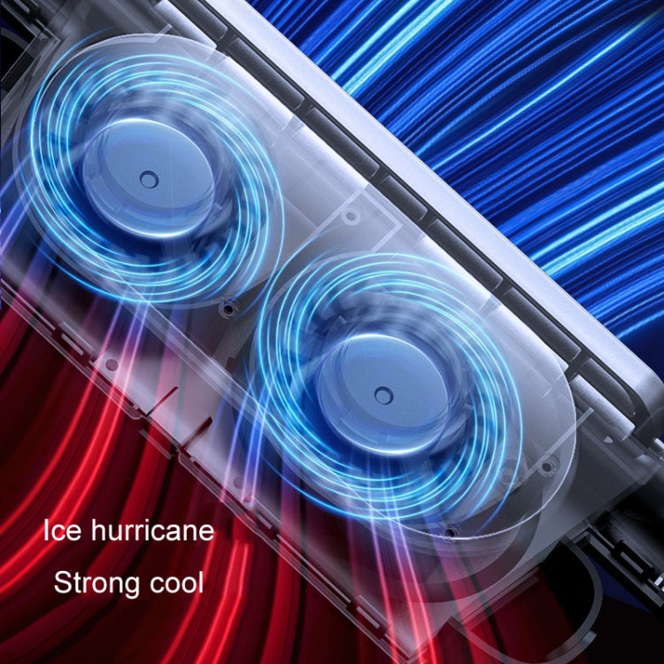 Car seat back fan showing airflow swirl effect from dual vent openings