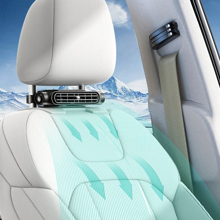 Car seat back cooling fan mounted on car seat, with airflow around grille