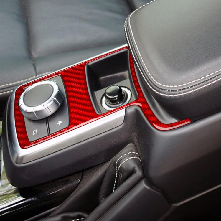 Red carbon-fiber cigarette lighter trim sticker around control area in console.