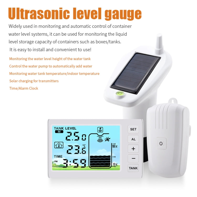 Ultrasonic level gauge kit with screen receiver, solar panel sensor, and control unit