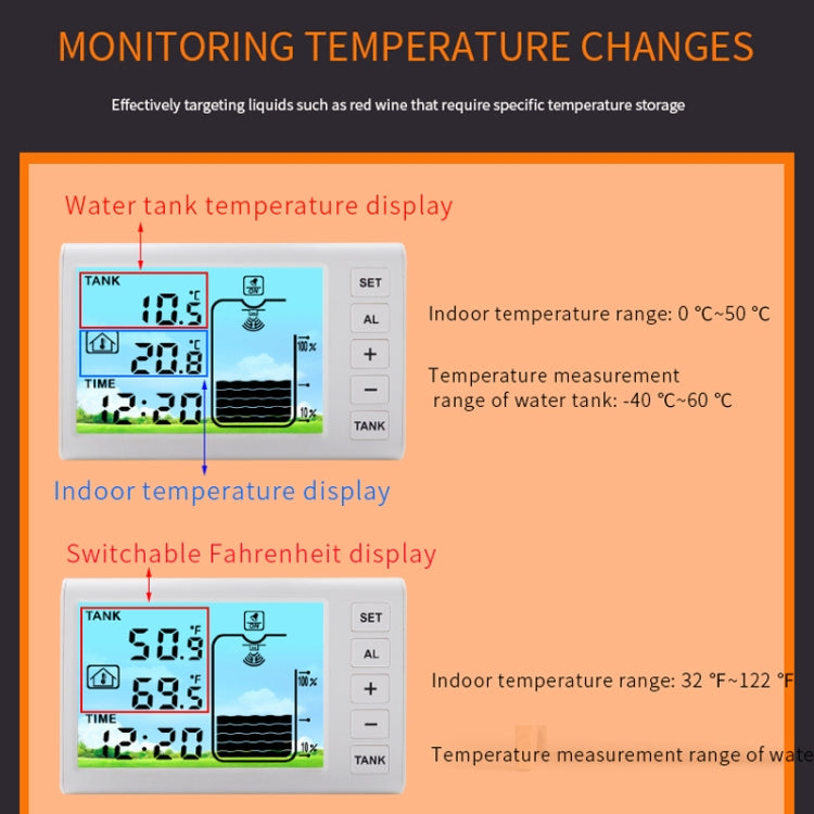 Ultrasonic liquid level meter showing tank temperature and indoor temperature displays