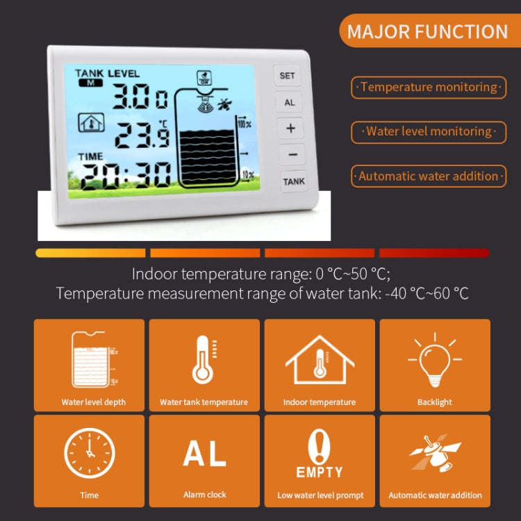 Ultrasonic tank level meter display with temperature monitoring and alarm indicators
