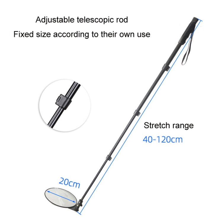 Adjustable telescopic inspection mirror with long black rod and round convex lens