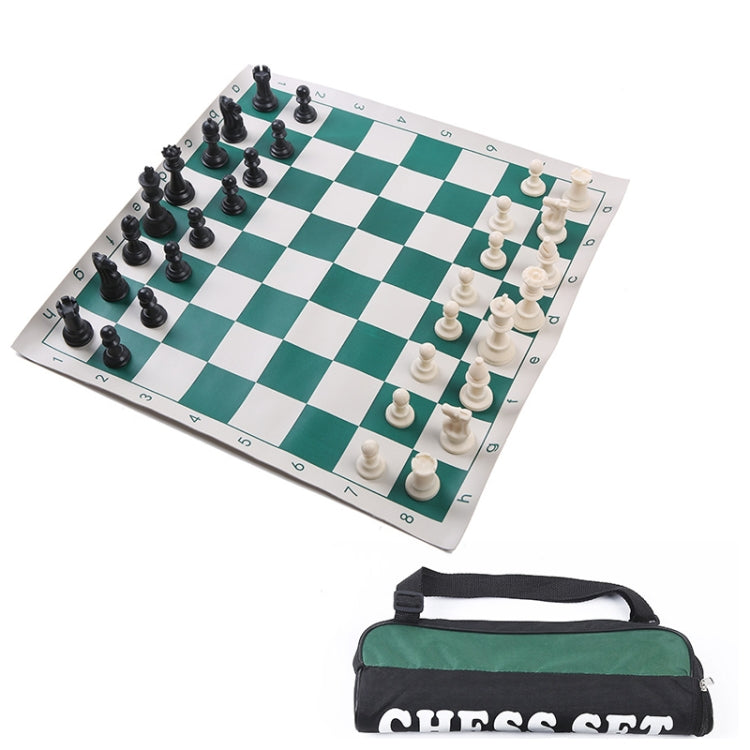 Foldable portable chess set with green-and-white board, black and white pieces, carry bag