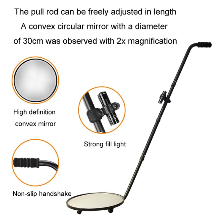 Adjustable convex circular inspection mirror on a long black pull rod