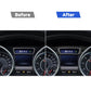Dashboard instrument panel with carbon-fiber sticker overlay, before and after view