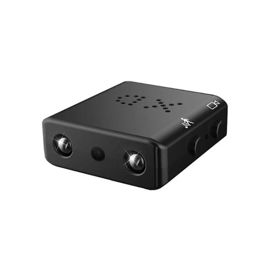 Black compact mini video camera with front lens and side ports