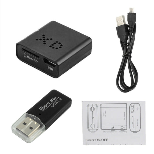 Black mini camera with USB connector and included instruction card