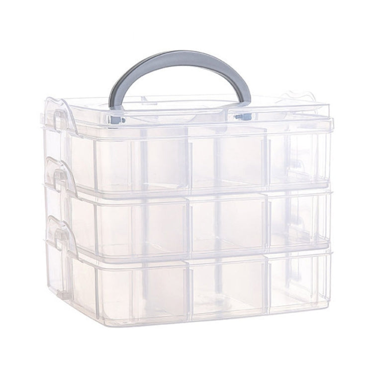 Transparent 3-layer plastic jewelry box with gray handle and side clasps