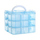 Blue 3-layer plastic jewelry storage box with white handle and compartment tiers