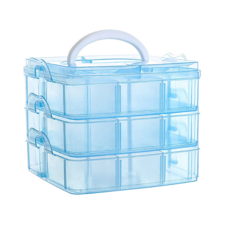 Blue 3-layer plastic jewelry storage box with white handle and compartment tiers
