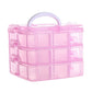 Pink 3-layer plastic jewelry storage box with white handle and compartment tiers