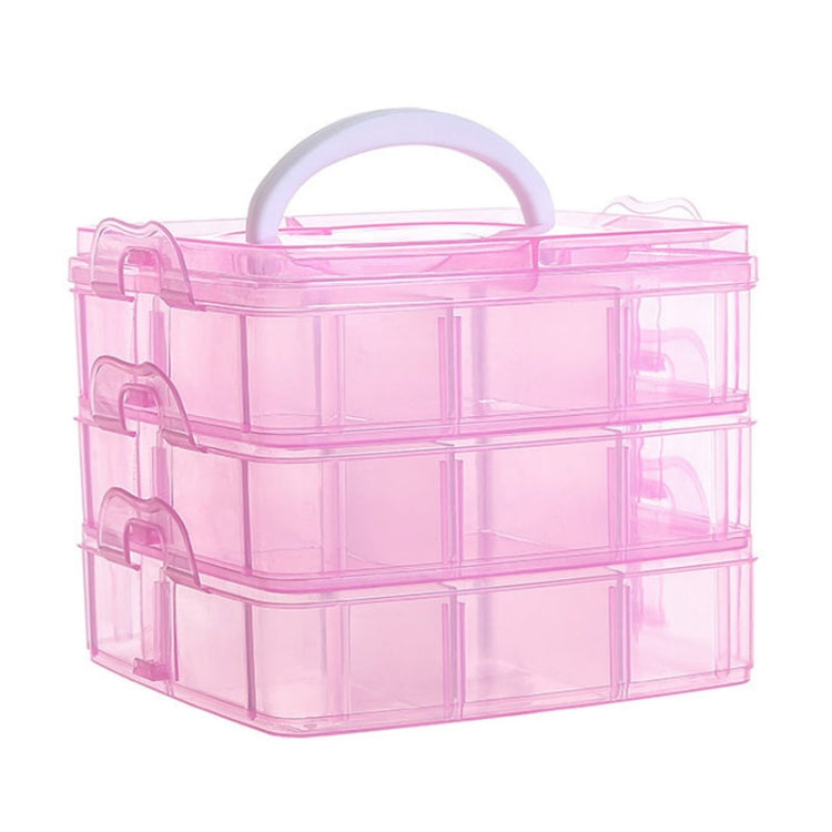 Pink 3-layer plastic jewelry storage box with white handle and compartment tiers