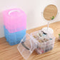 Stackable clear and pink jewelry organizer box with open compartments for accessories