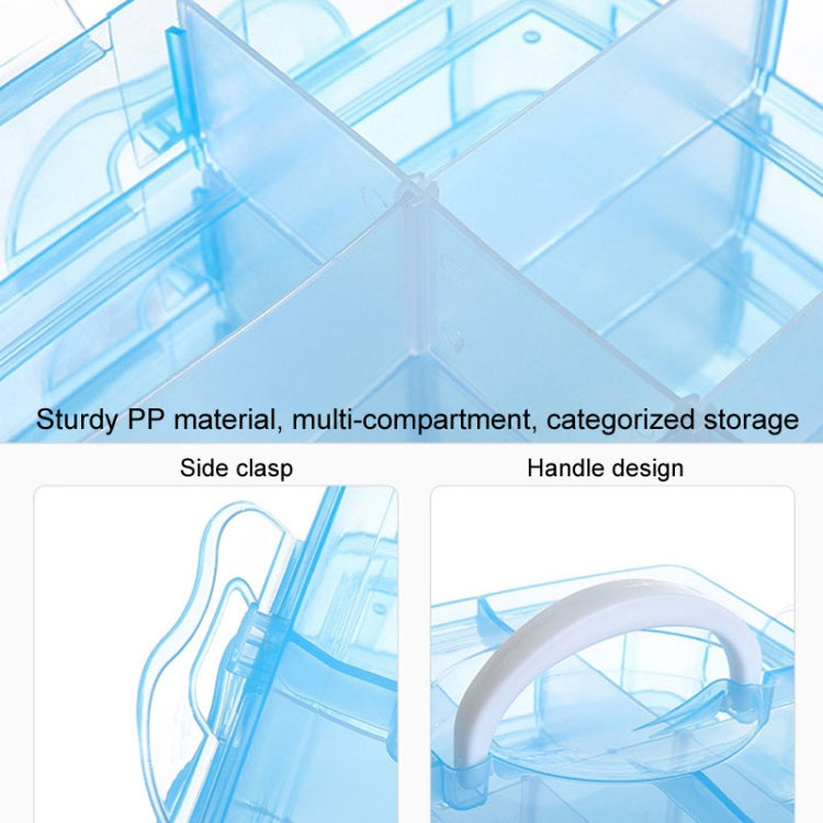Blue plastic jewelry storage box close-up showing handle and side clasp details