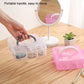 Portable clear jewelry organizer with pink lid and handle, shown with open compartments