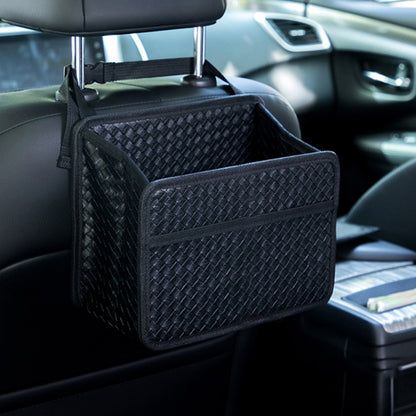 Car hanging storage box with woven texture, black, front panel and hanging strap