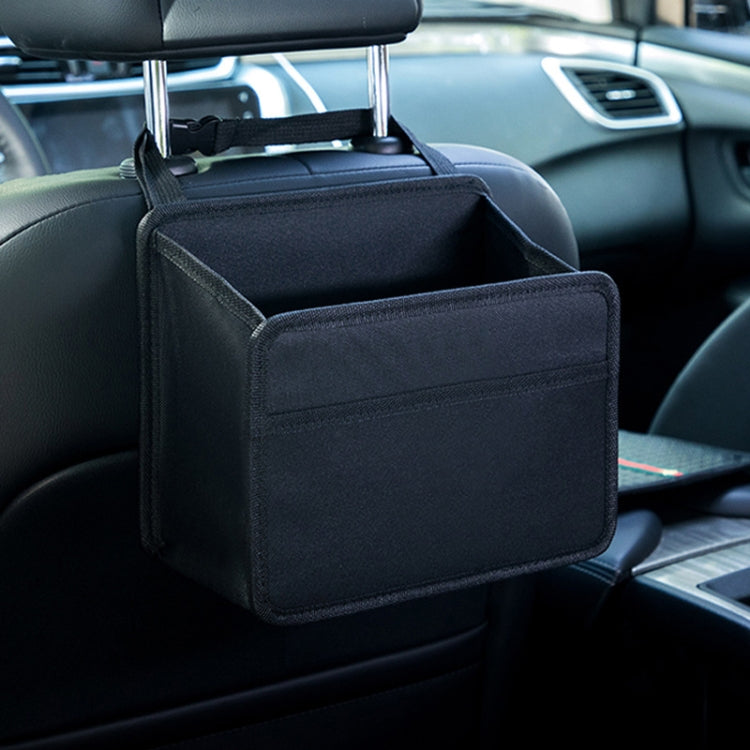 Car hanging storage box with smooth dark fabric, front pocket panel, hanging straps