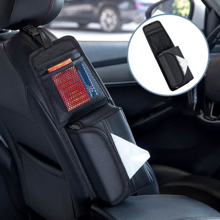 Black car seat side storage bag with tissue holder and front organizer pocket