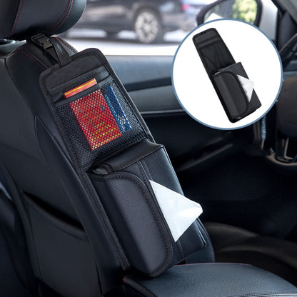Black car seat side storage bag with tissue holder and front organizer pocket