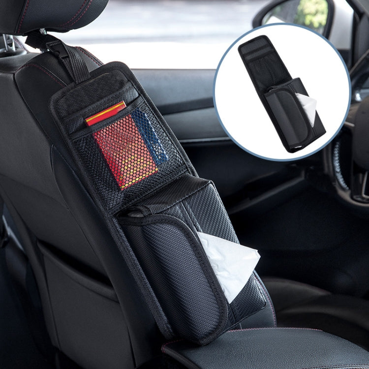 Black car seat organizer hanging bag with tissue slot and mesh front storage pocket