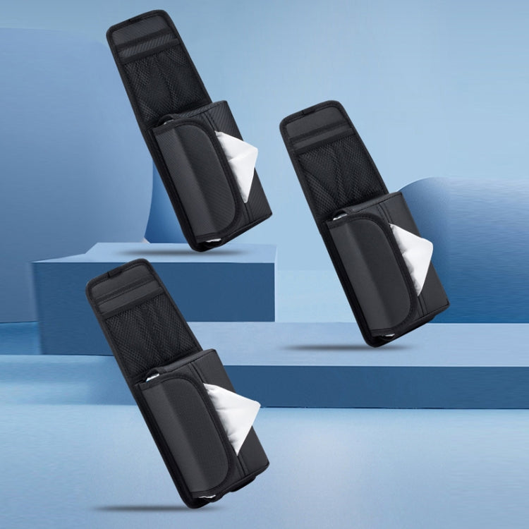 Black car seat tissue box holder hanging organizer, shown from multiple angles
