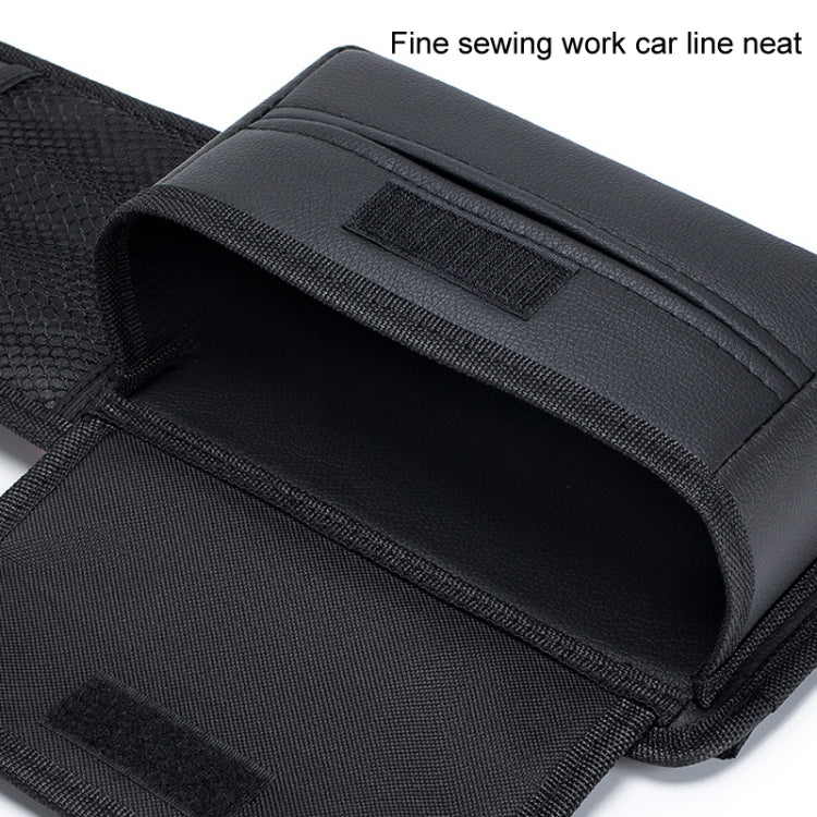 Black fabric car seat side storage bag with reinforced edge stitching