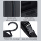 Black car seat side storage bag details: leather-like backing and adjustable buckle