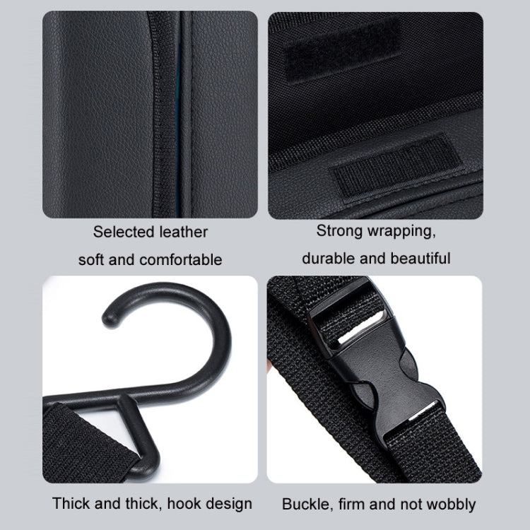 Black car seat side storage bag details: leather-like backing and adjustable buckle