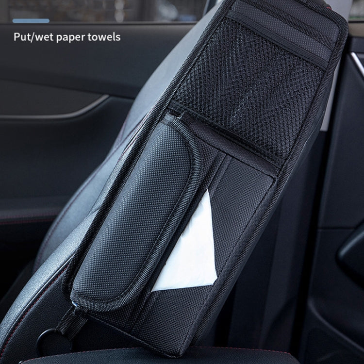 Black car seat hanging organizer with long pocket and tissue compartment on seat side