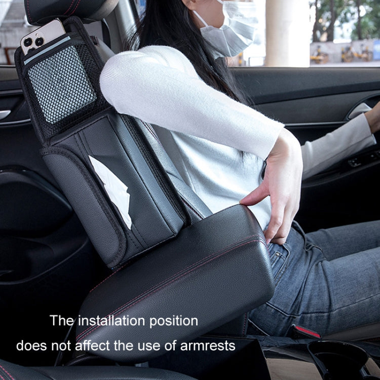 Black car seat tissue holder organizer being installed on front passenger seat