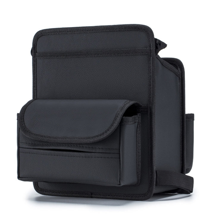 Black car seat storage organizer with tissue pocket and side adjustable straps