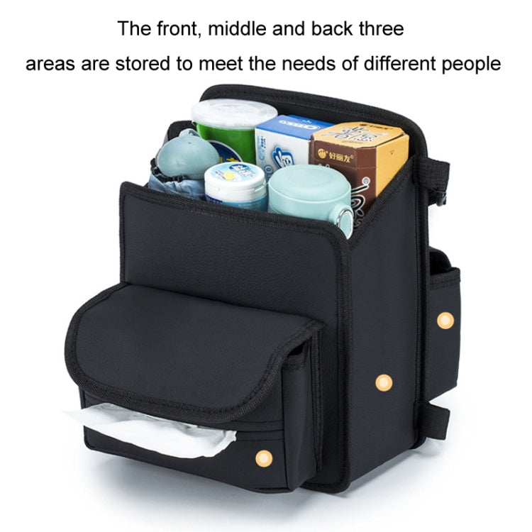 Black car seat storage organizer with front flap and open pocket holding items