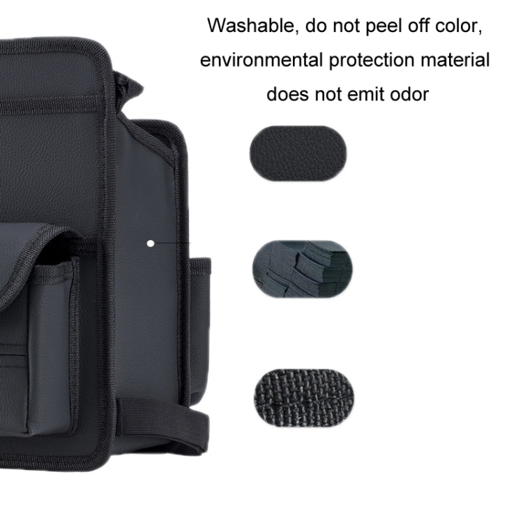 Black car seat organizer close-up with textured panels and reinforced stitching