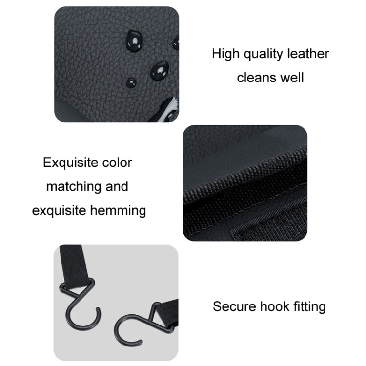 Black car seat storage organizer with hook attachment and leather-like textured surface