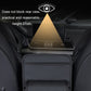Black car seat organizer installed on seat back with tissue pocket facing forward