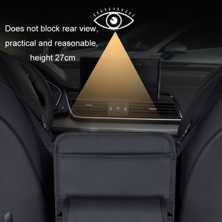 Black car seat organizer installed on seat back with tissue pocket facing forward