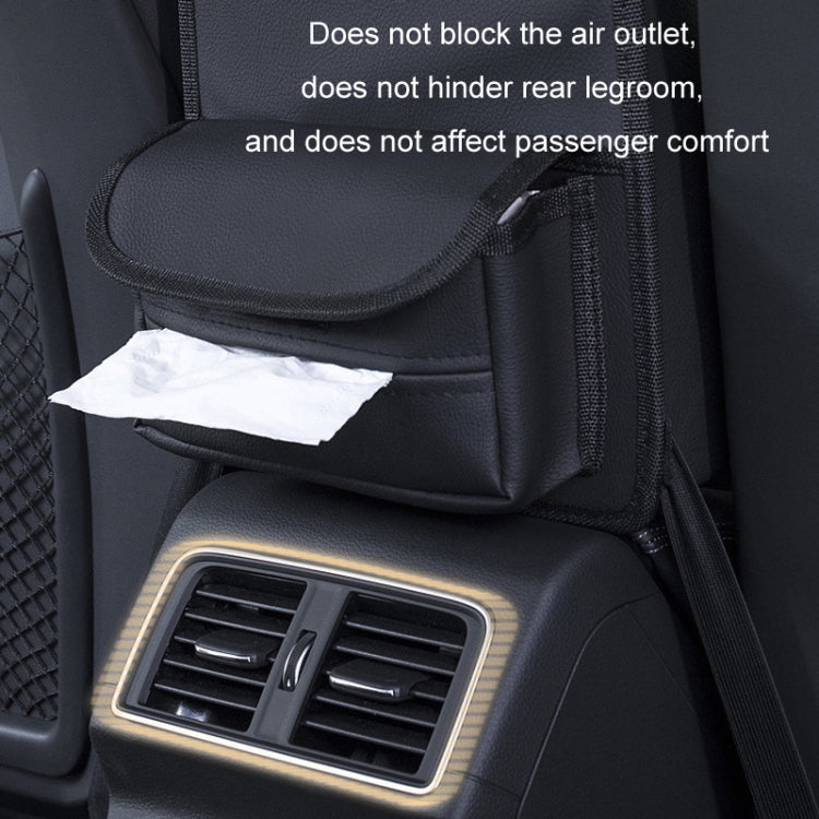 Black car seat organizer with tissue paper in front pocket on seat