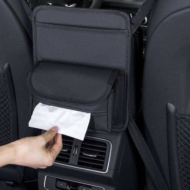 Black car seat tissue organizer with hand pulling tissue from front pocket