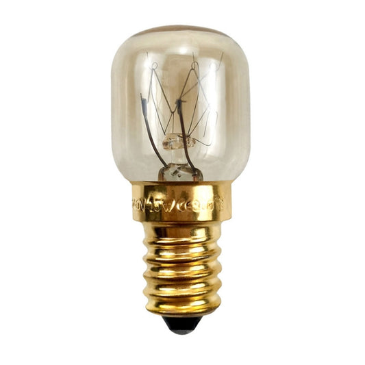E14 base bulb with clear glass envelope, brass stem, and vintage filament inside.