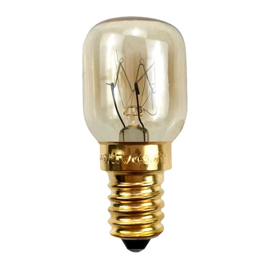 E14 base bulb with clear glass envelope and gold-toned metal stem, filament visible.